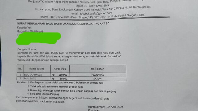 Surat Penawaran Baju Olahraga Beredar Belum Ada Keterangan Dinas Pendidikan Labusel
